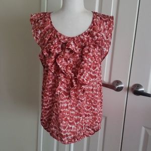 LOFT white, melon and coral ruffled sleevele top L